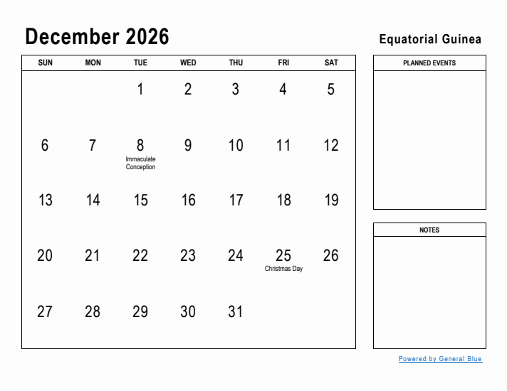 December 2026 Printable Monthly Calendar with Equatorial Guinea Holidays