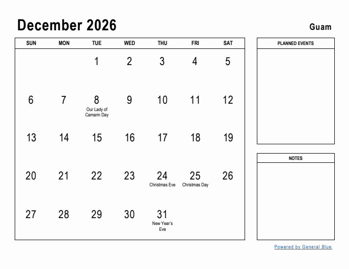 December 2026 Printable Monthly Calendar with Guam Holidays