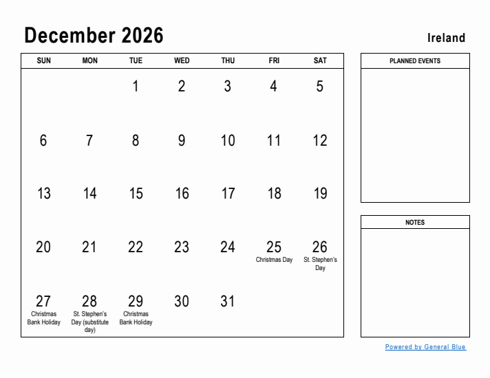 December 2026 Printable Monthly Calendar with Ireland Holidays