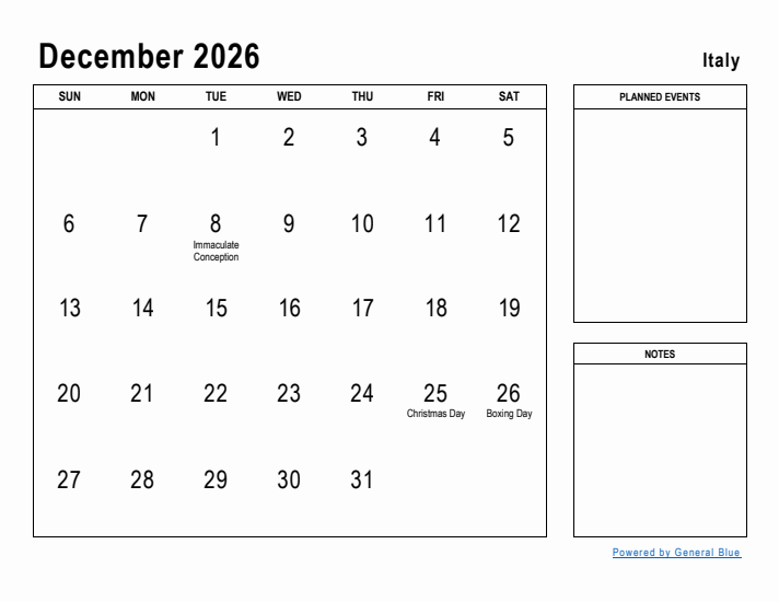 December 2026 Printable Monthly Calendar with Italy Holidays