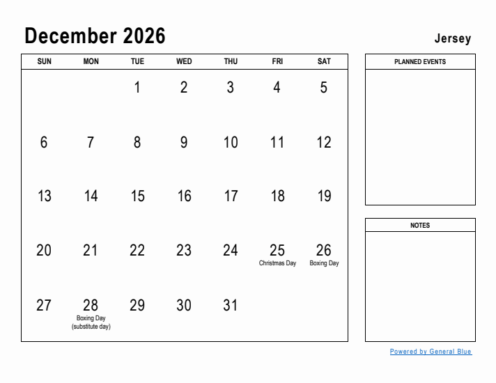 December 2026 Printable Monthly Calendar with Jersey Holidays