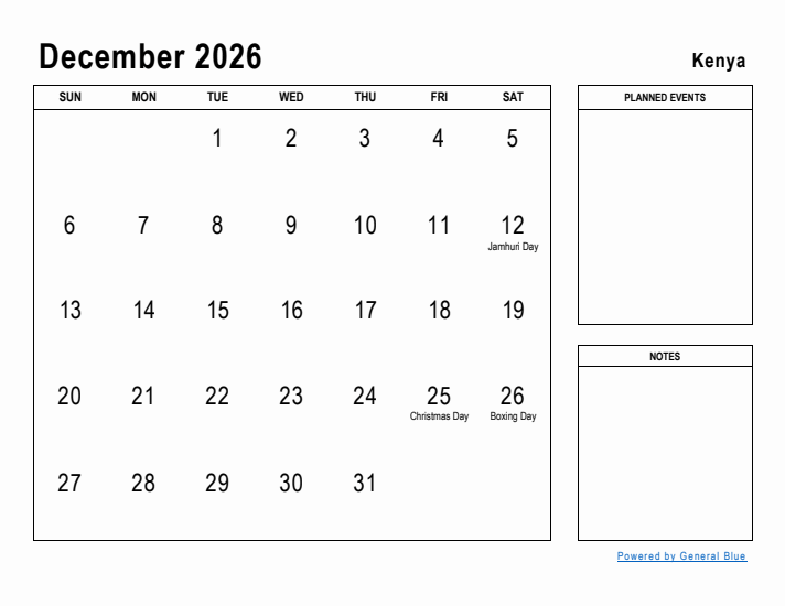 December 2026 Printable Monthly Calendar with Kenya Holidays