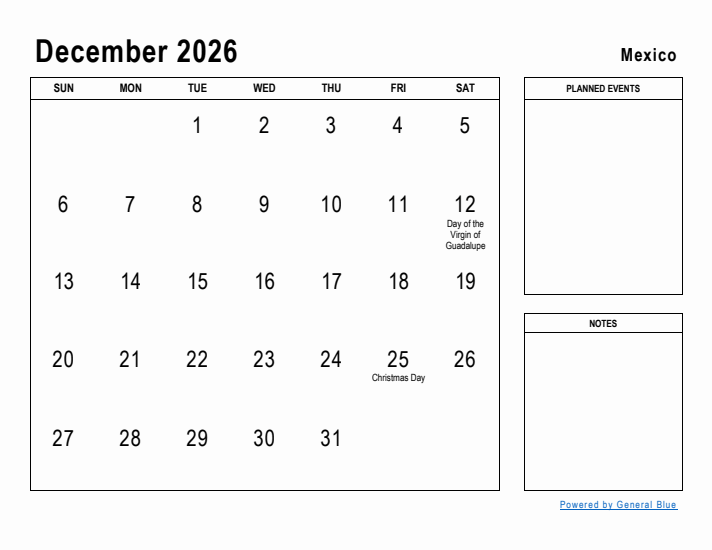 December 2026 Printable Monthly Calendar with Mexico Holidays