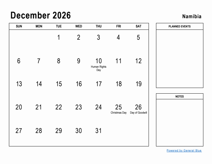 December 2026 Printable Monthly Calendar with Namibia Holidays