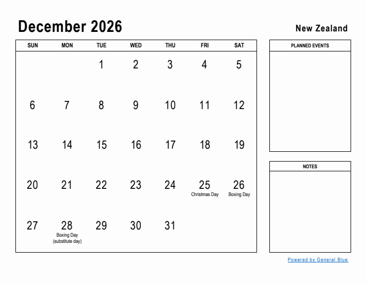 December 2026 Printable Monthly Calendar with New Zealand Holidays