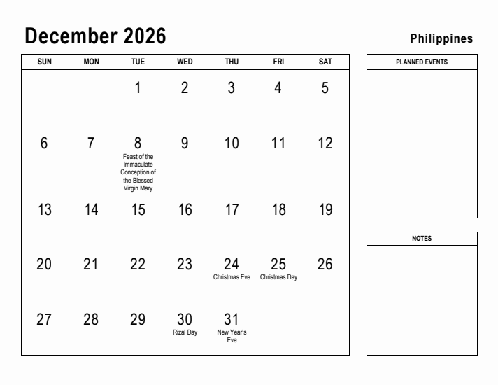 December 2026 Printable Monthly Calendar with Philippines Holidays