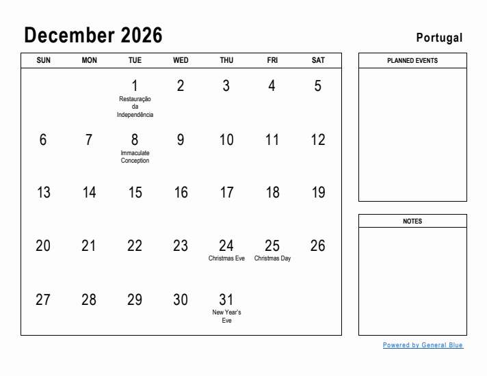 December 2026 Printable Monthly Calendar with Portugal Holidays