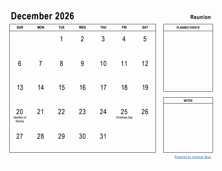 December 2026 Printable Monthly Calendar with Reunion Holidays