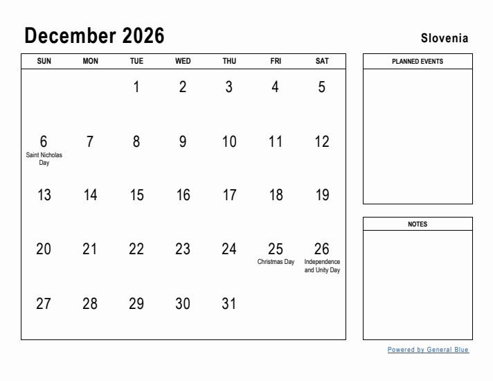 December 2026 Printable Monthly Calendar with Slovenia Holidays