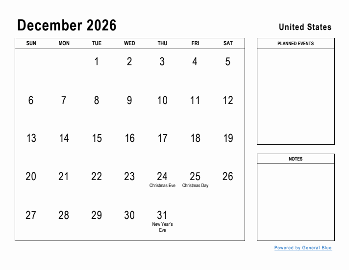 December 2026 Printable Monthly Calendar with United States Holidays