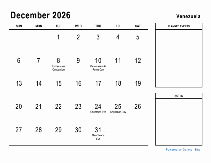 December 2026 Printable Monthly Calendar with Venezuela Holidays