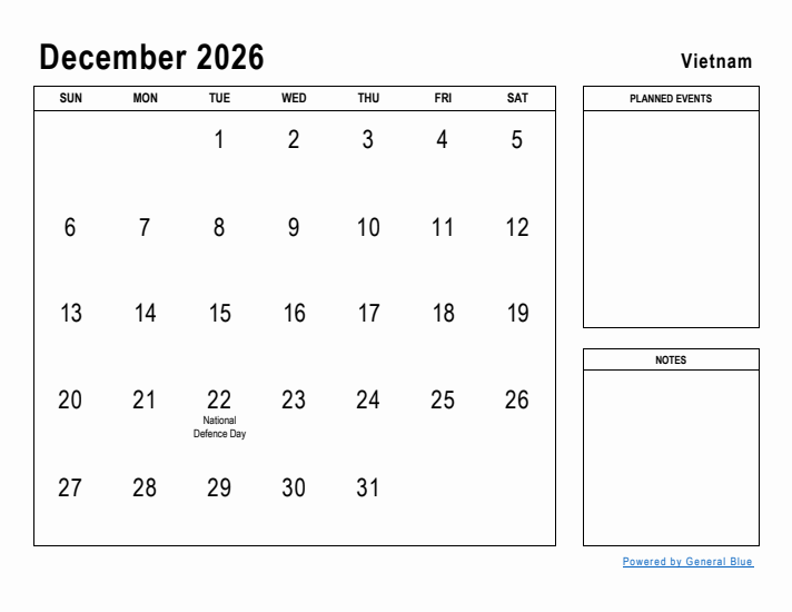 December 2026 Printable Monthly Calendar with Vietnam Holidays