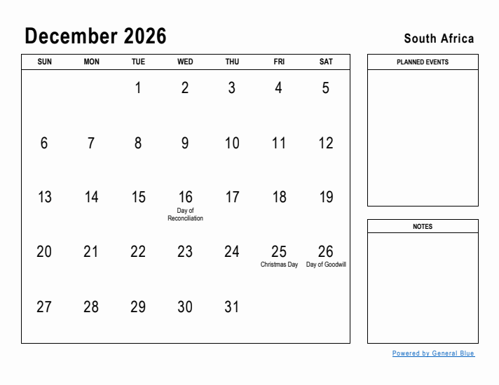 December 2026 Printable Monthly Calendar with South Africa Holidays