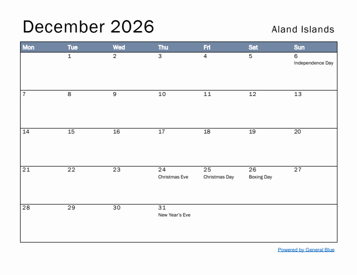 December 2026 Simple Monthly Calendar for Aland Islands