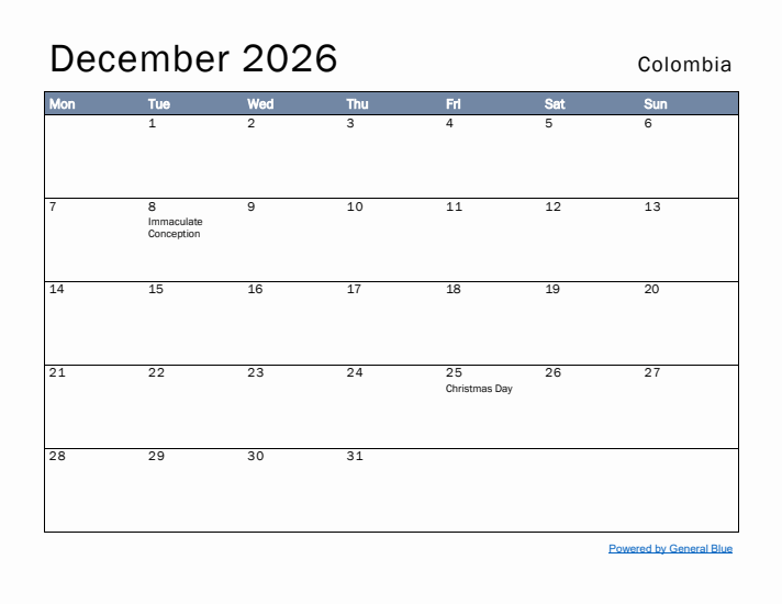 December 2026 Simple Monthly Calendar for Colombia