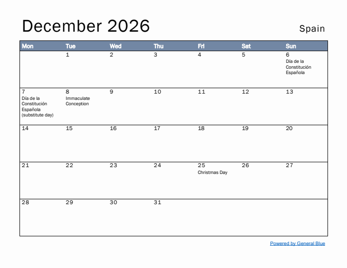 December 2026 Simple Monthly Calendar for Spain