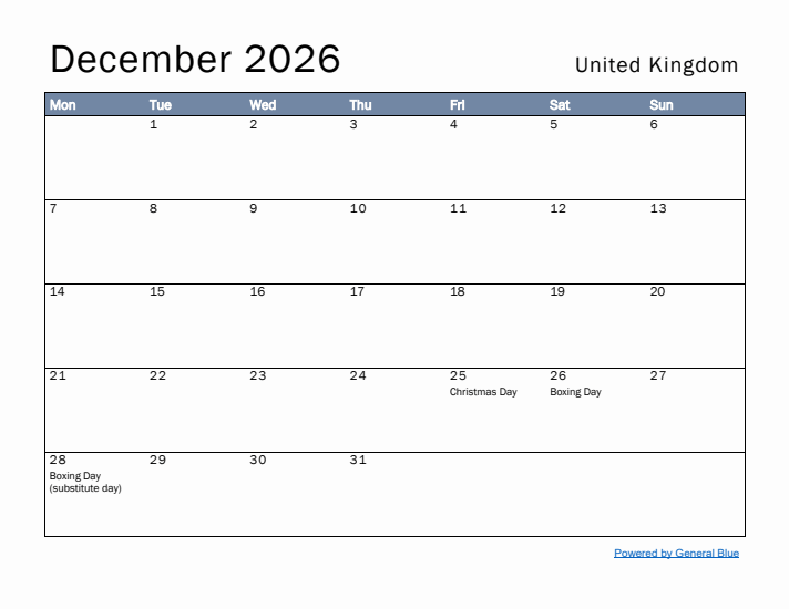 December 2026 Simple Monthly Calendar for United Kingdom