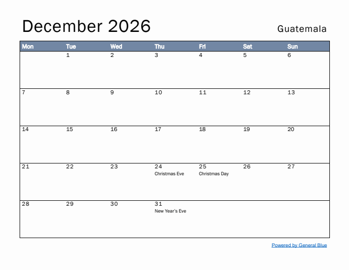 December 2026 Simple Monthly Calendar for Guatemala