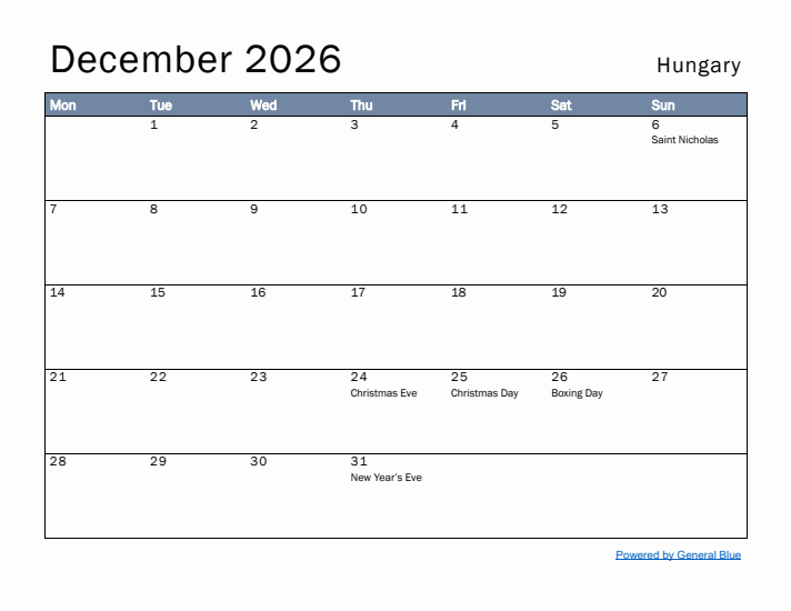 December 2026 Simple Monthly Calendar for Hungary