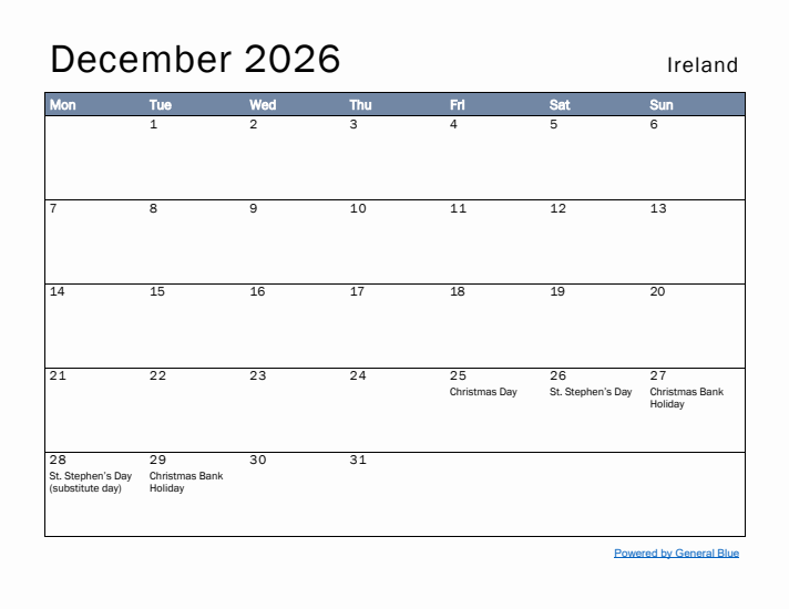 December 2026 Simple Monthly Calendar for Ireland