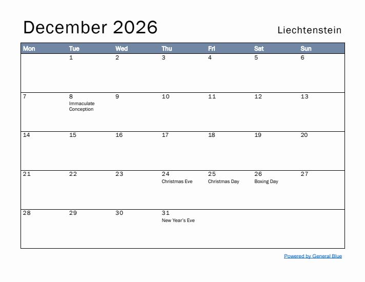 December 2026 Simple Monthly Calendar for Liechtenstein