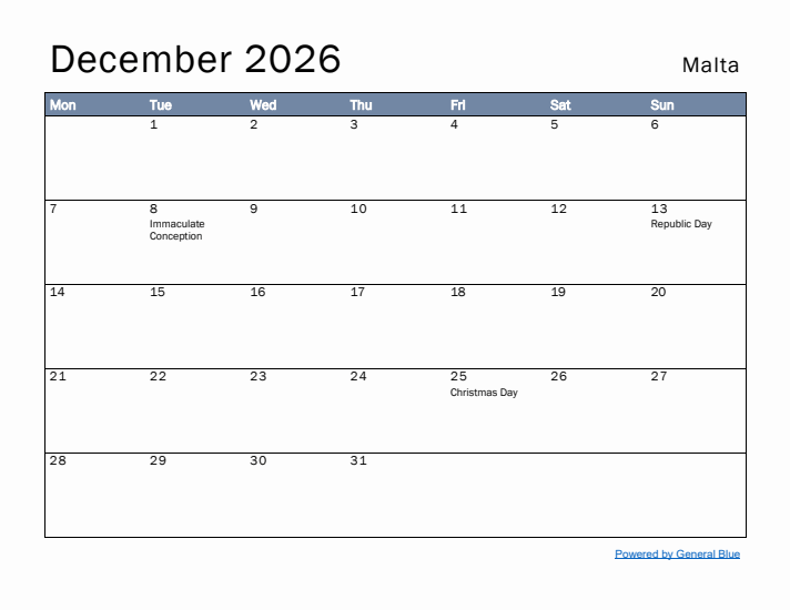 December 2026 Simple Monthly Calendar for Malta