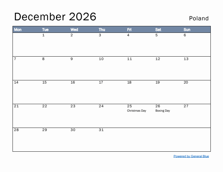 December 2026 Simple Monthly Calendar for Poland