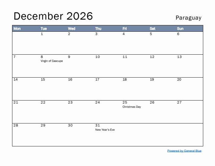 December 2026 Simple Monthly Calendar for Paraguay