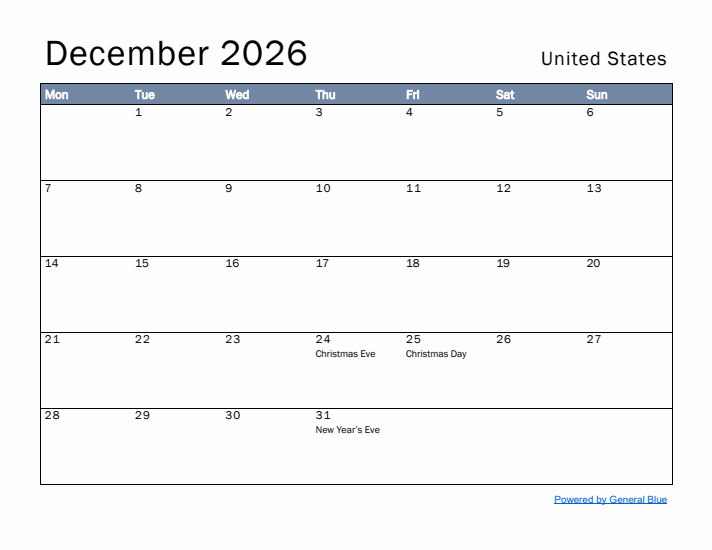 December 2026 Simple Monthly Calendar for United States