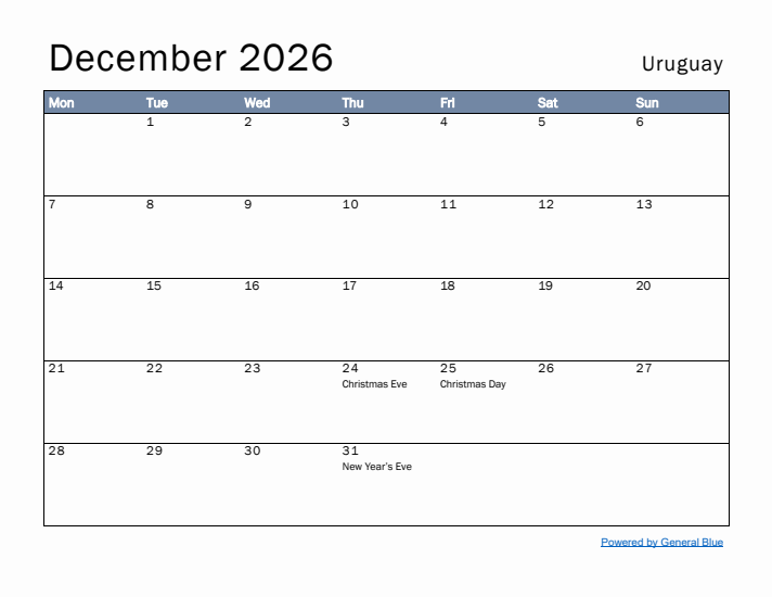 December 2026 Simple Monthly Calendar for Uruguay