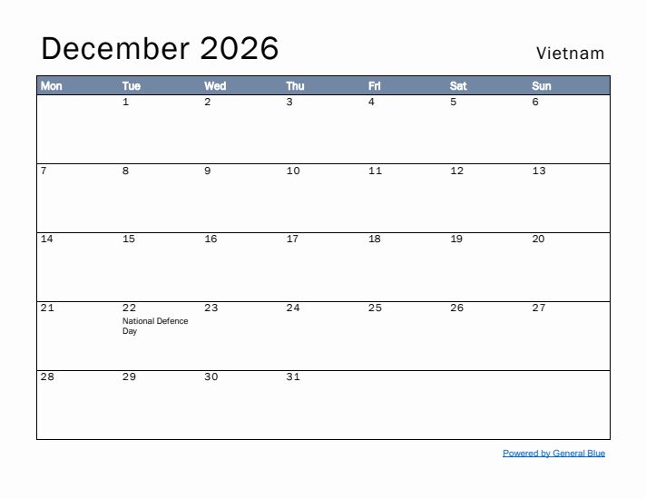 December 2026 Simple Monthly Calendar for Vietnam