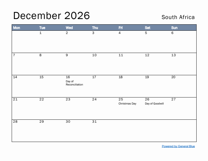 December 2026 Simple Monthly Calendar for South Africa