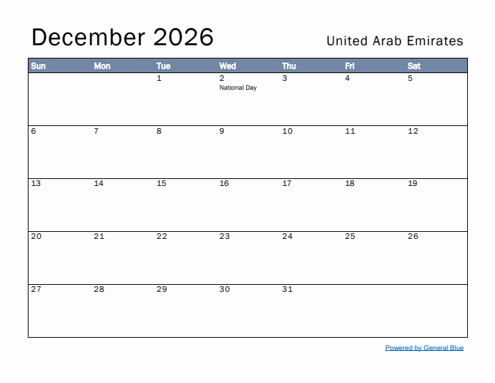 December 2026 Simple Monthly Calendar for United Arab Emirates