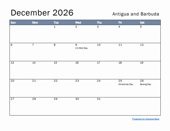 December 2026 Simple Monthly Calendar for Antigua and Barbuda