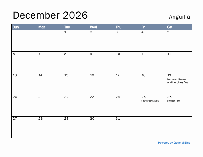 December 2026 Simple Monthly Calendar for Anguilla