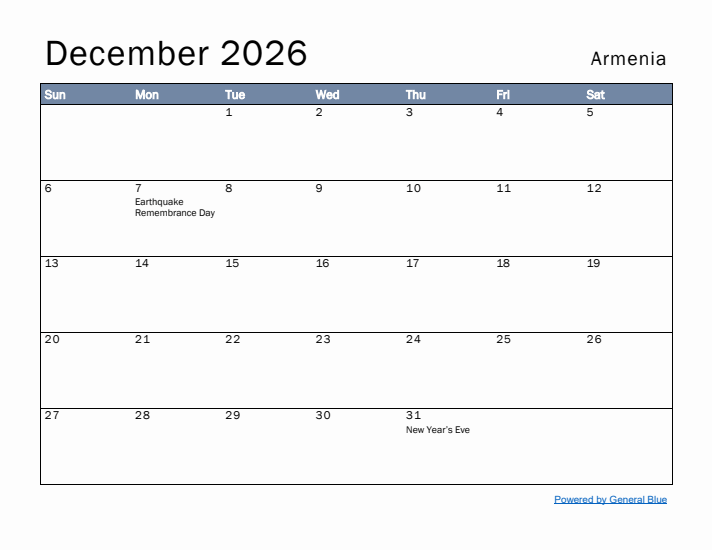 December 2026 Simple Monthly Calendar for Armenia