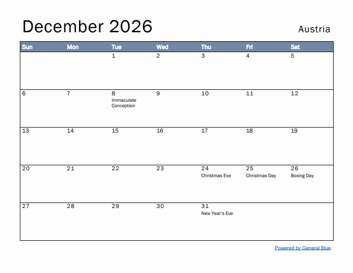 December 2026 Simple Monthly Calendar for Austria