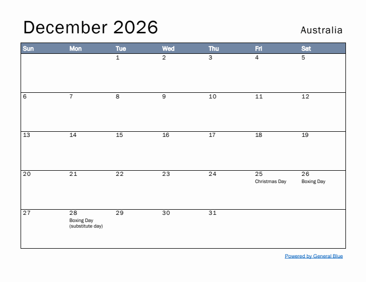 December 2026 Simple Monthly Calendar for Australia