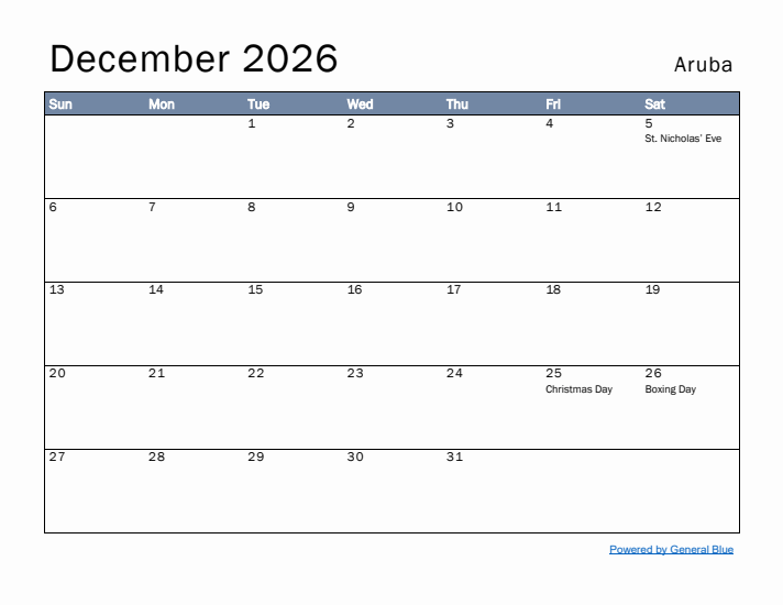 December 2026 Simple Monthly Calendar for Aruba