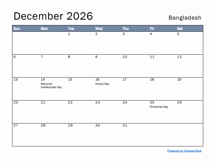 December 2026 Simple Monthly Calendar for Bangladesh