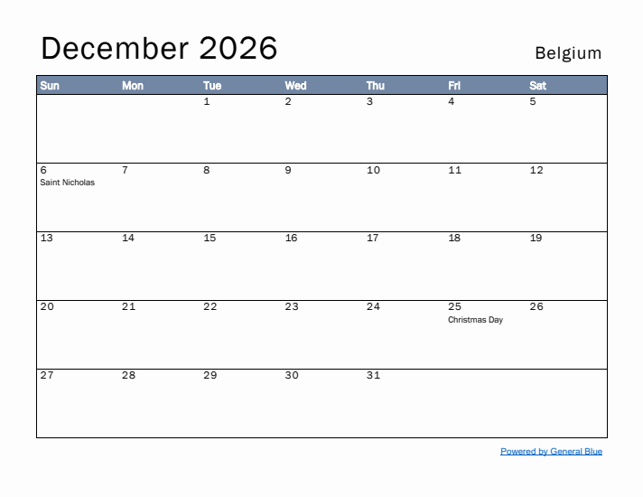 December 2026 Simple Monthly Calendar for Belgium