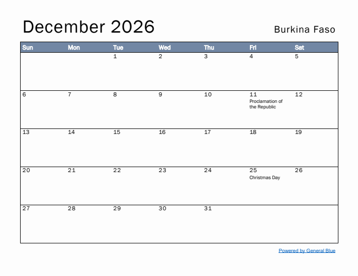 December 2026 Simple Monthly Calendar for Burkina Faso