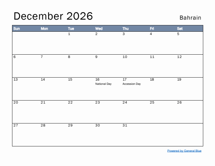 December 2026 Simple Monthly Calendar for Bahrain