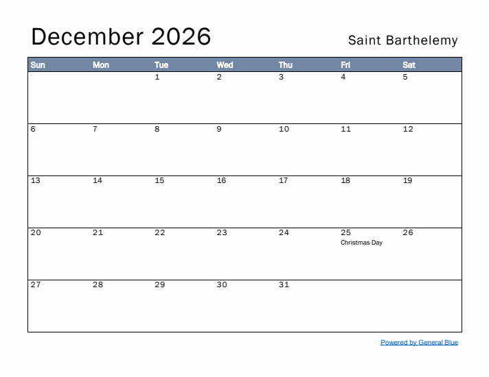 December 2026 Simple Monthly Calendar for Saint Barthelemy