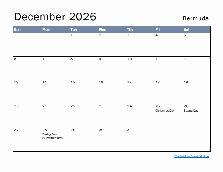 December 2026 Simple Monthly Calendar for Bermuda