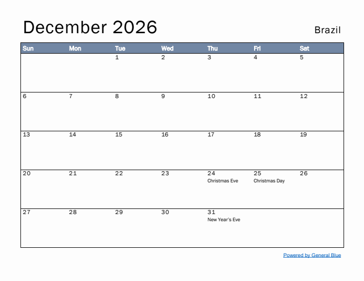 December 2026 Simple Monthly Calendar for Brazil