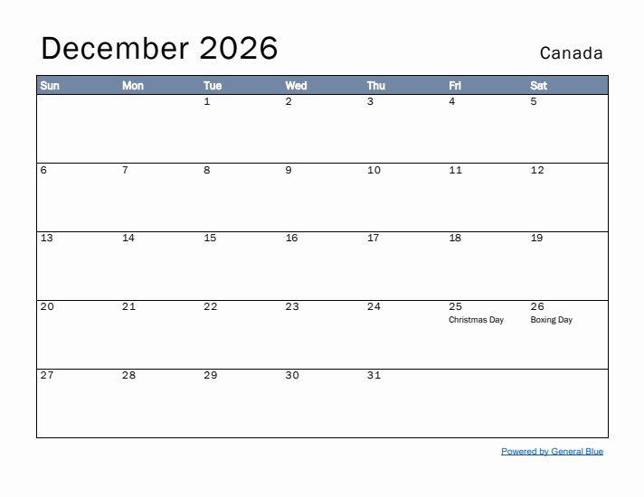 December 2026 Simple Monthly Calendar for Canada