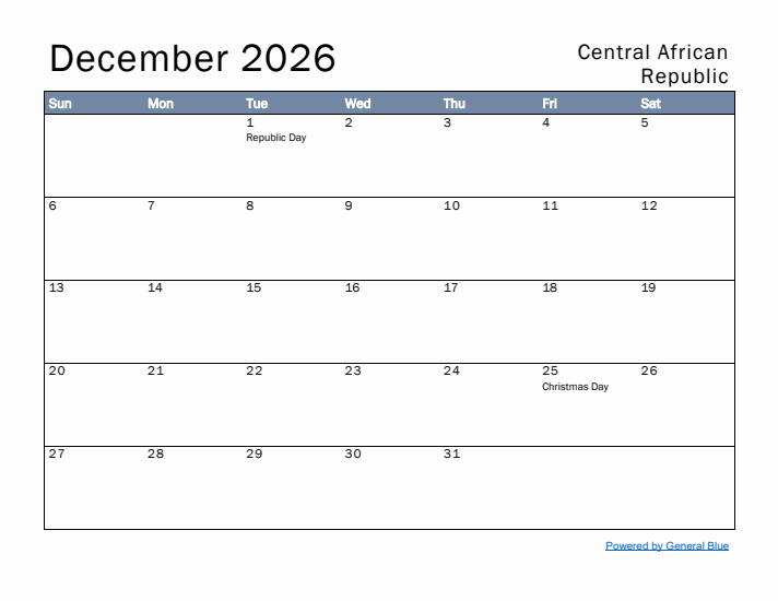 December 2026 Simple Monthly Calendar for Central African Republic