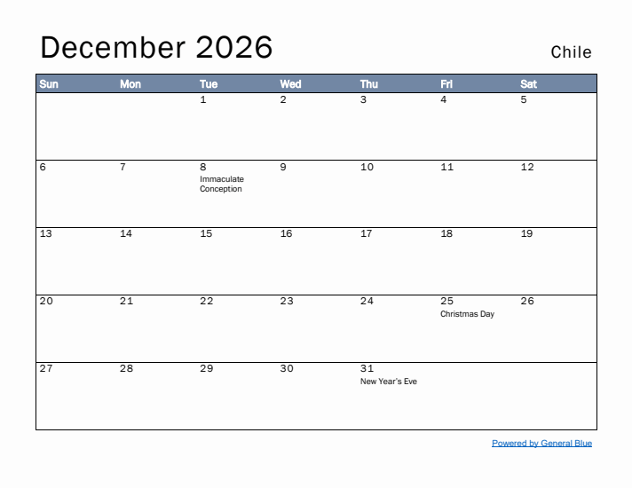 December 2026 Simple Monthly Calendar for Chile