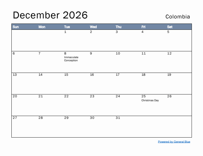 December 2026 Simple Monthly Calendar for Colombia